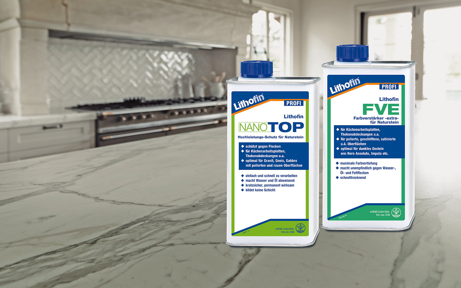 Produktbilder vor Küchenarbeitsplatte