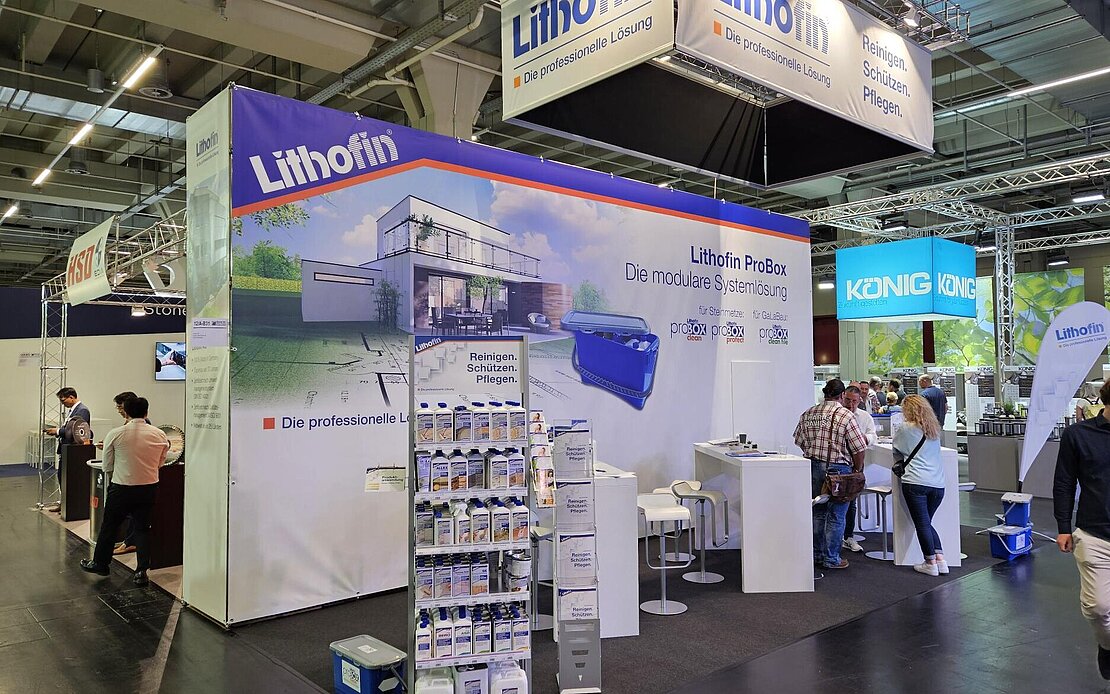 Lithofin Messestand, Messebetrieb Stone+Tec
