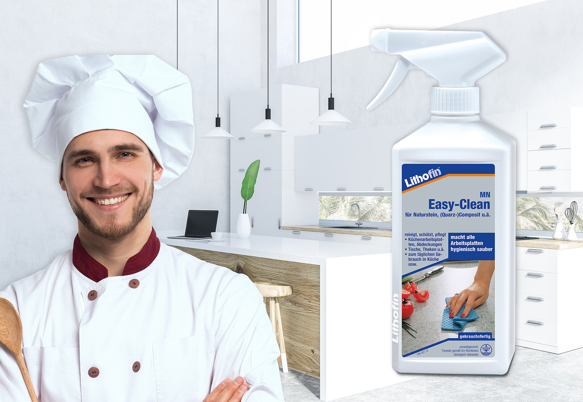 REinigungsprodukt neben Koch abgebildet